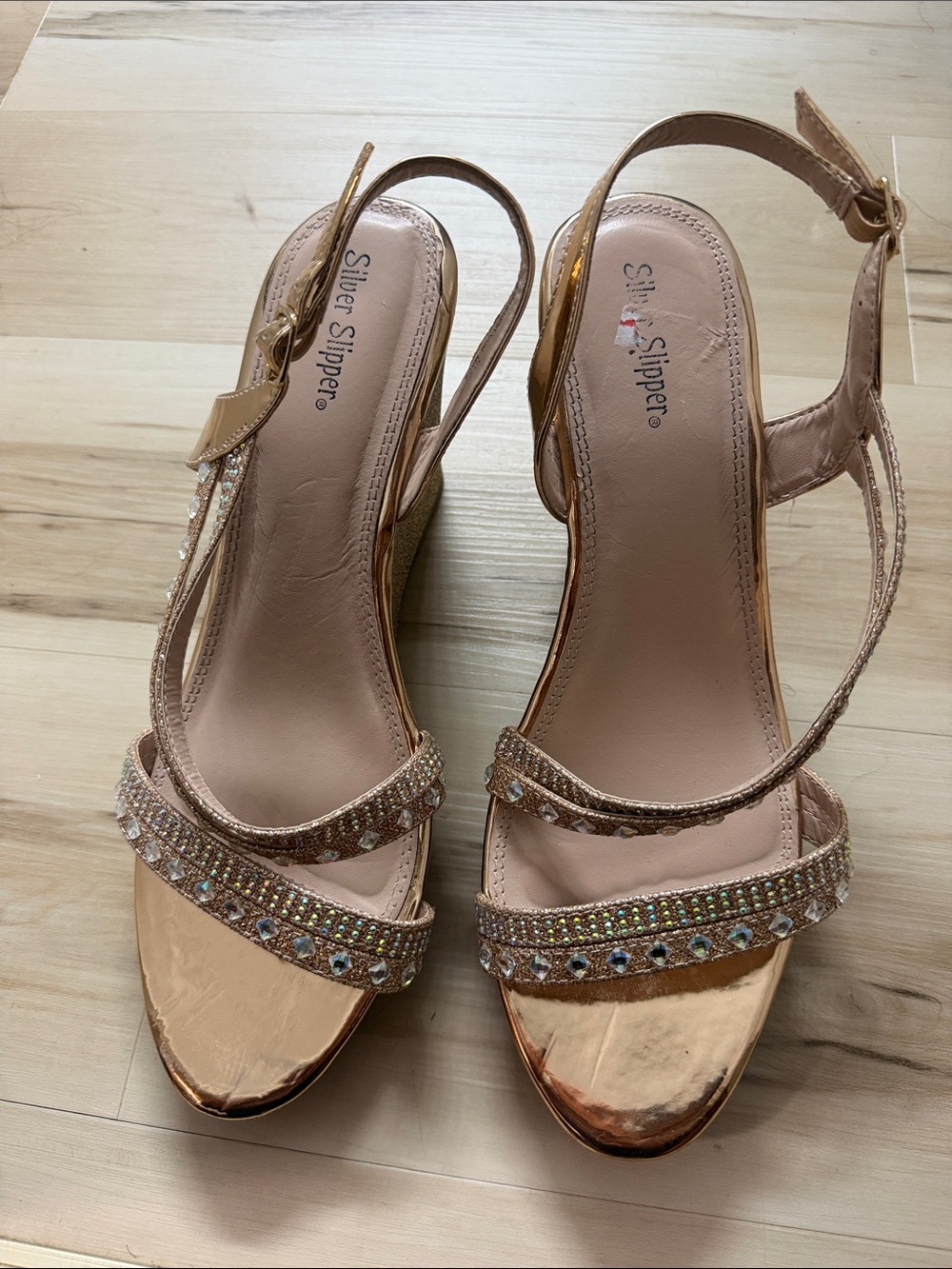Silver Slipper Rose Gold Embellished Slingback Heels